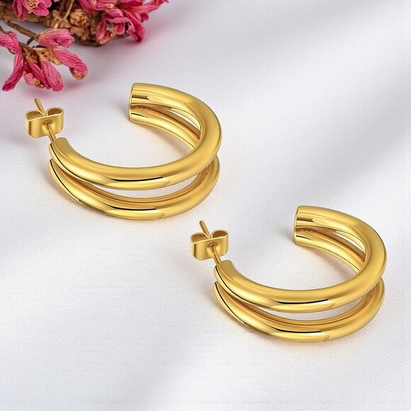 ๐Minimalist Double C Hoop Earrings 18K Gold Plated Stainless Steel Trending - Picture 4 of 13